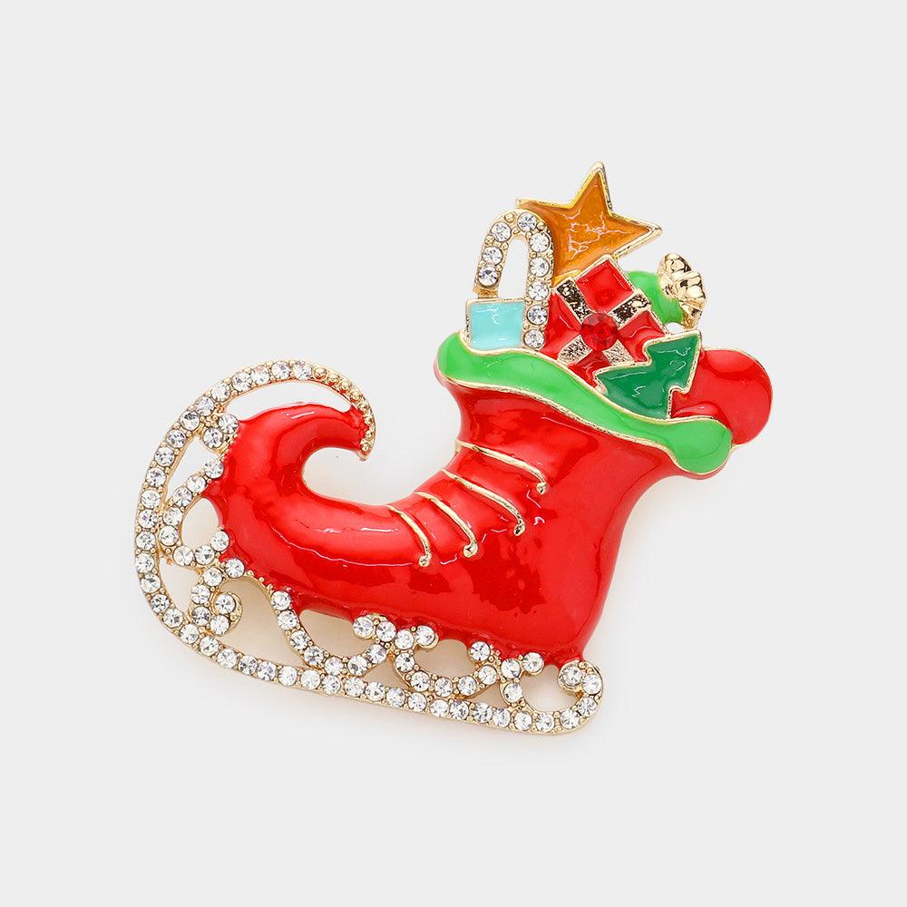 Gold Crystal Embellished Christmas Santa Claus Shoe Pin Brooch