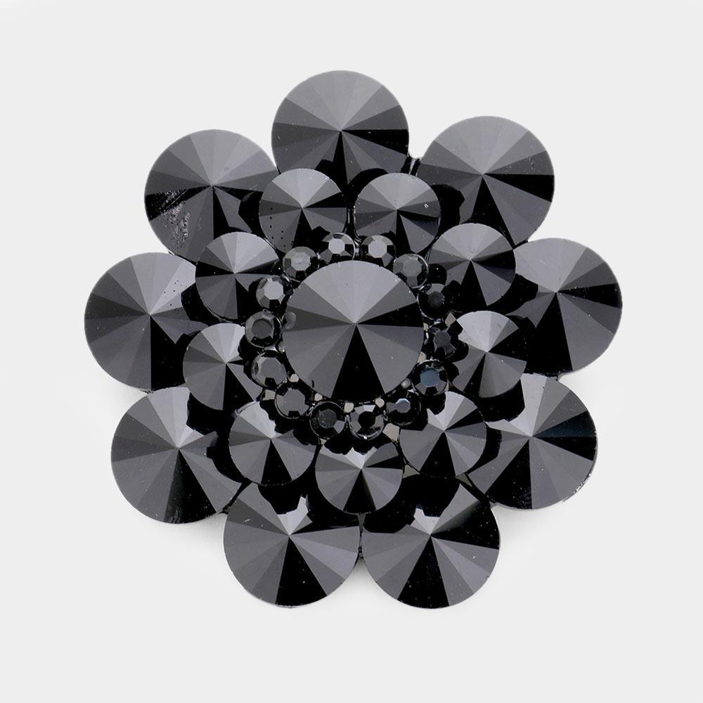 Black Round Crystal Flower Pin Brooch