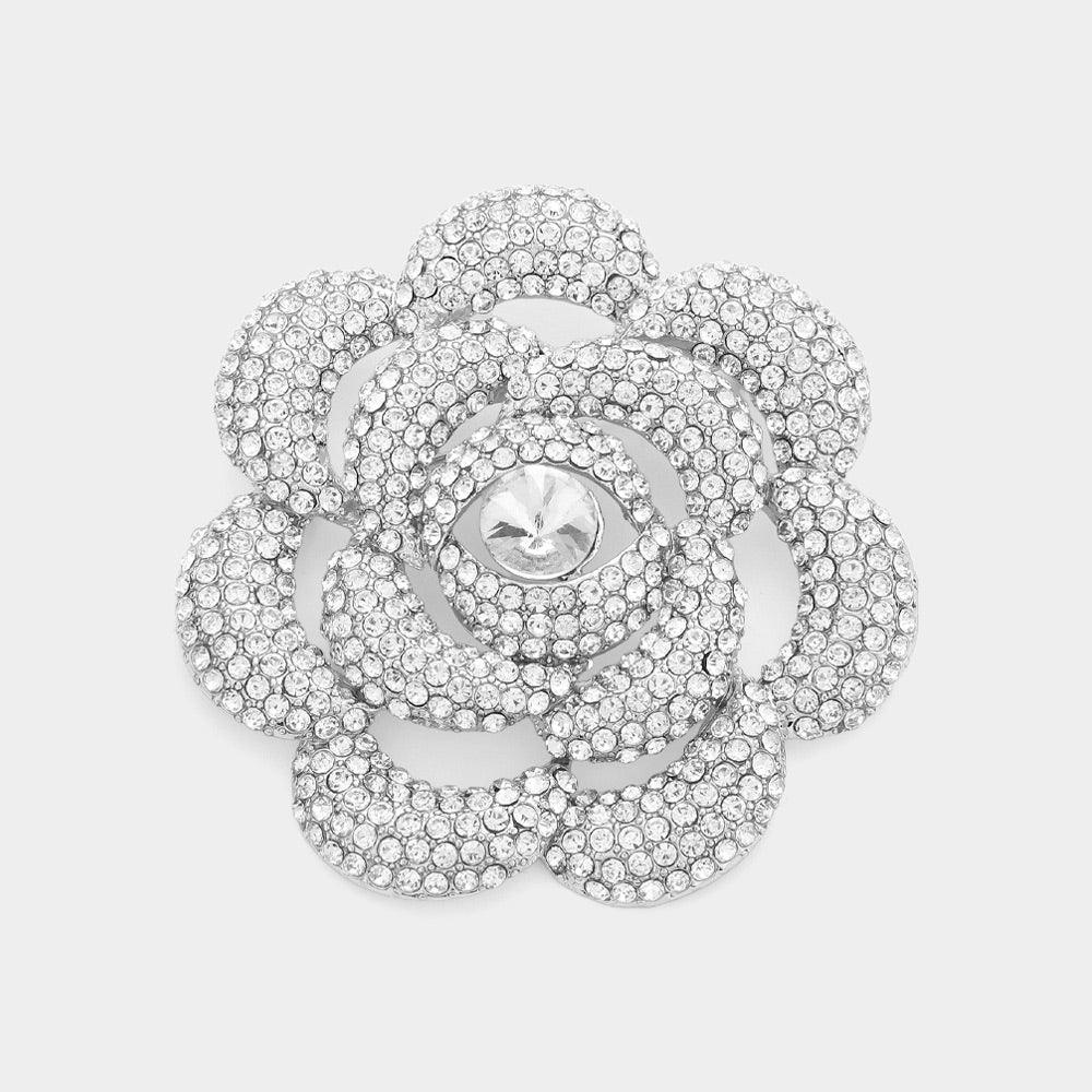 Silver Stone Paved Rose Pin Brooch