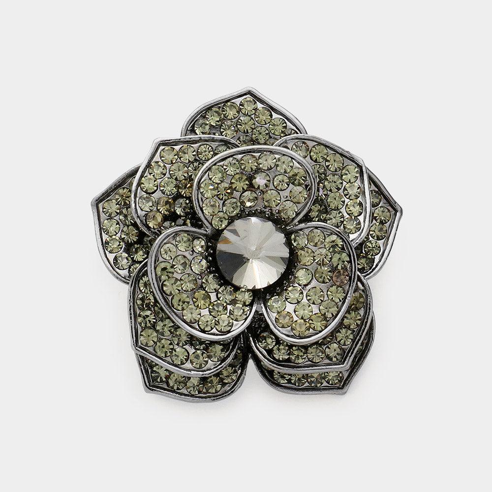 Black Rhinestone Flower Pin Brooch