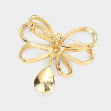 Load image into Gallery viewer, Gold Rhinestone Pave Ribbon Glass Stone Dangle Brooch
