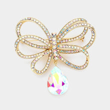 Load image into Gallery viewer, Gold Rhinestone Pave Ribbon Glass Stone Dangle Brooch
