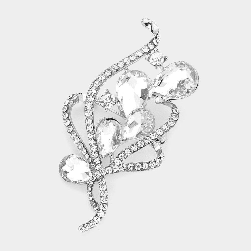 Silver Rhinestone Pave Glass Stone Embellished Brooch