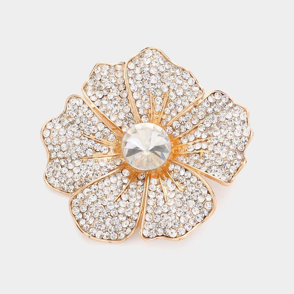 Gold Round Stone Pointed Rhinestone Paved Flower Pin Brooch