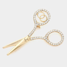 Load image into Gallery viewer, Gold Rhinestone Embellished Scissors Pin Brooch
