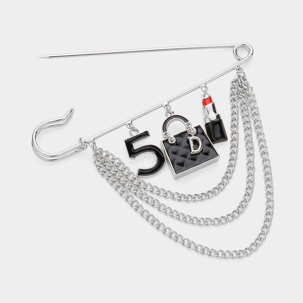 Black Number Five Hand Bag Lipstick Pendant Accented Chain Layered Pin Brooch - Jewelry Store by Erik Rayo