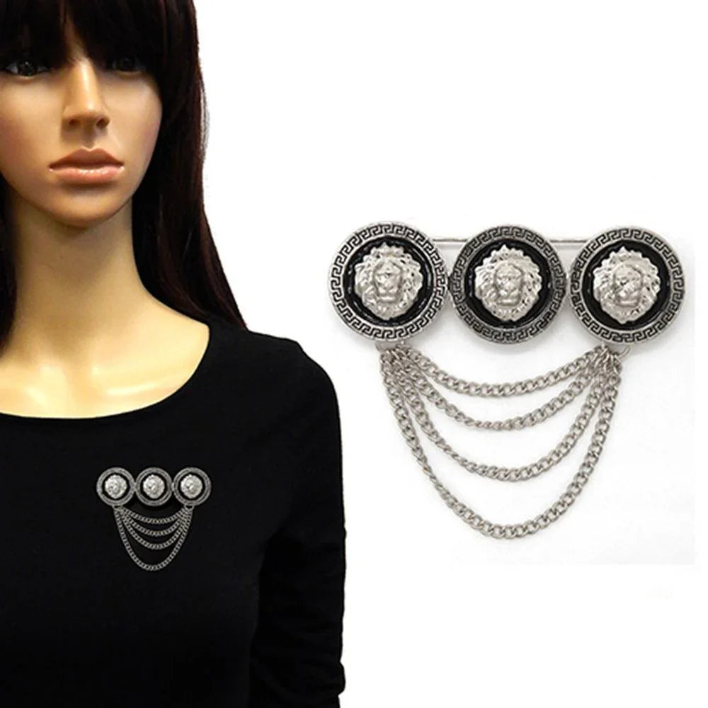 Black Triple Lion Head Pointed Chain Pin Brooch - Jewelry Store by Erik Rayo