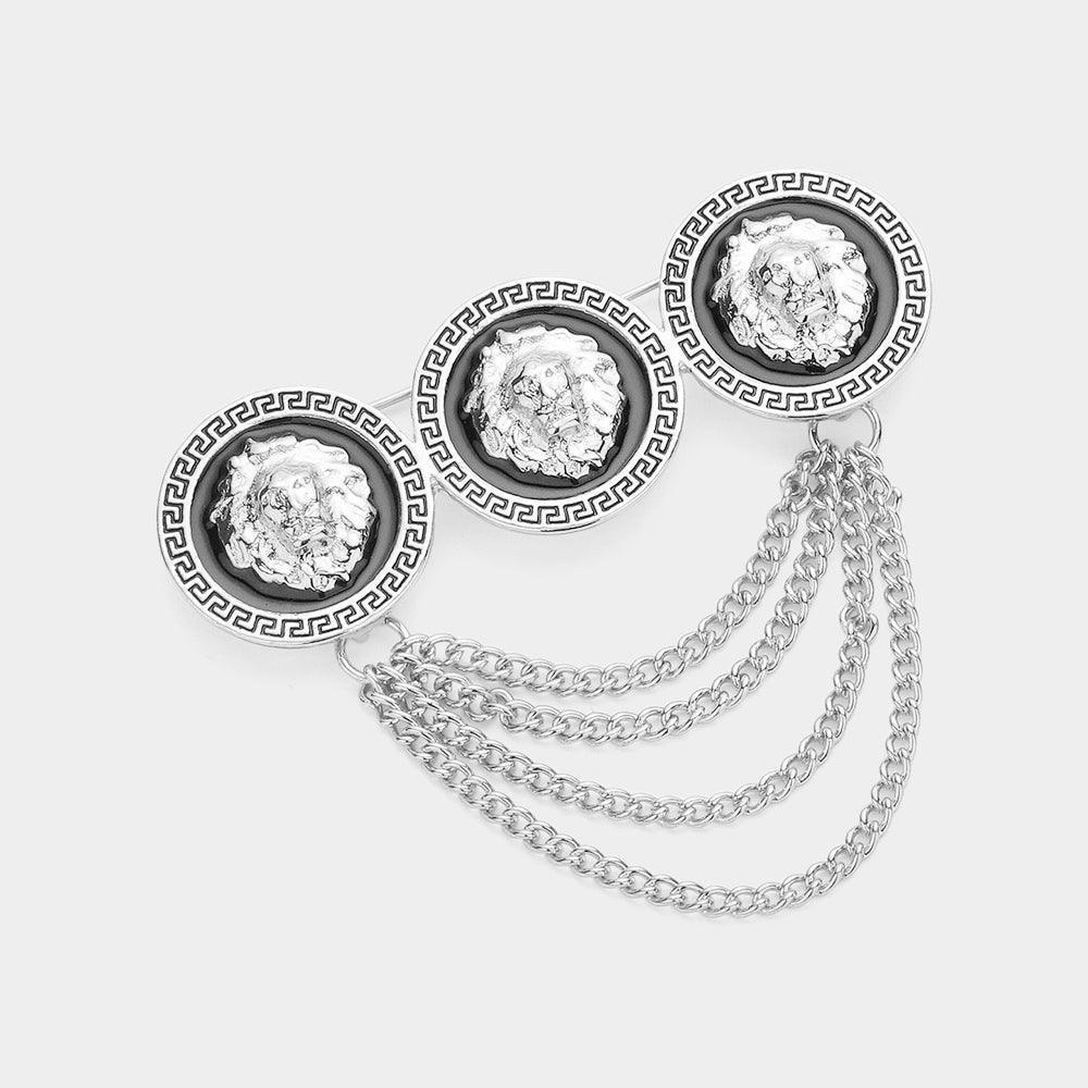 Black Triple Lion Head Pointed Chain Pin Brooch - Jewelry Store by Erik Rayo