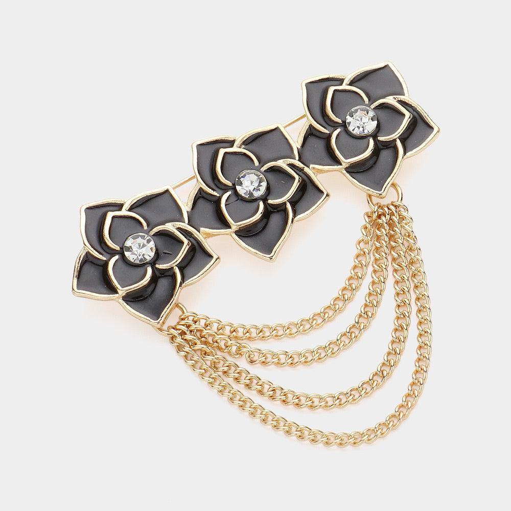 Black Stone Pointed Triple Enamel Flower Chain Brooch - Jewelry Store by Erik Rayo