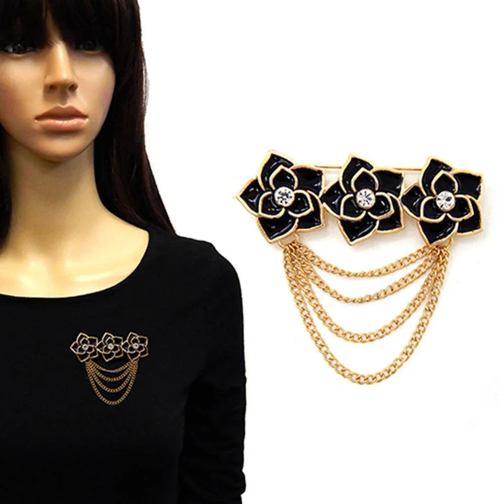 Black Stone Pointed Triple Enamel Flower Chain Brooch - Jewelry Store by Erik Rayo