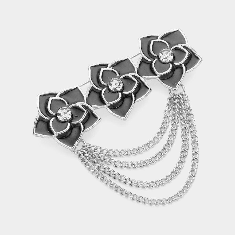 Black Stone Pointed Triple Enamel Flower Chain Brooch - Jewelry Store by Erik Rayo