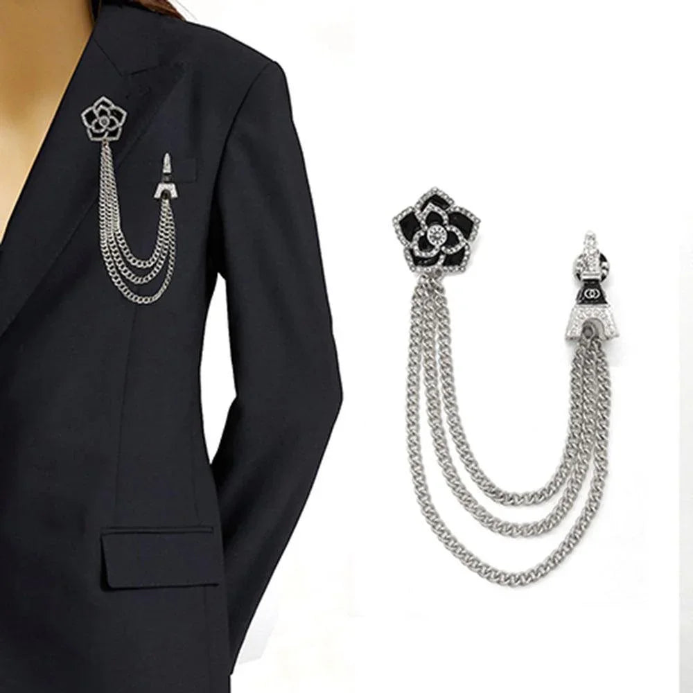 Enamel Flower Eiffel Tower Accented Double Chain Pin Brooch - Jewelry Store by Erik Rayo