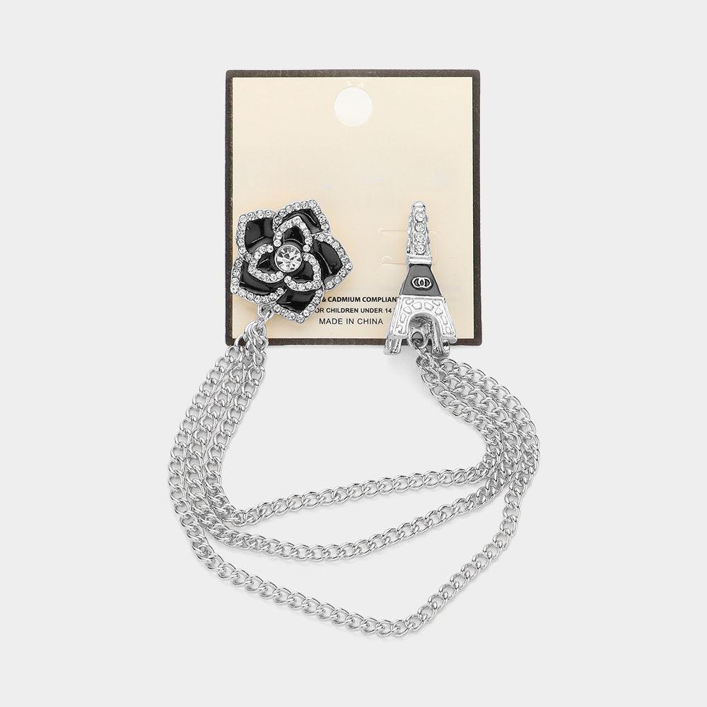 Enamel Flower Eiffel Tower Accented Double Chain Pin Brooch - Jewelry Store by Erik Rayo