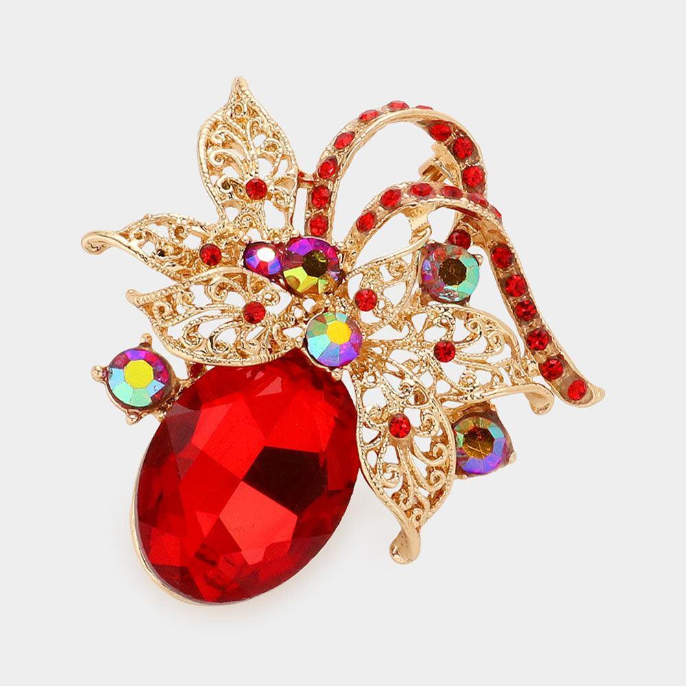 Red Oval Stone Accented Leaf Detailed Bouquet Pin Brooch