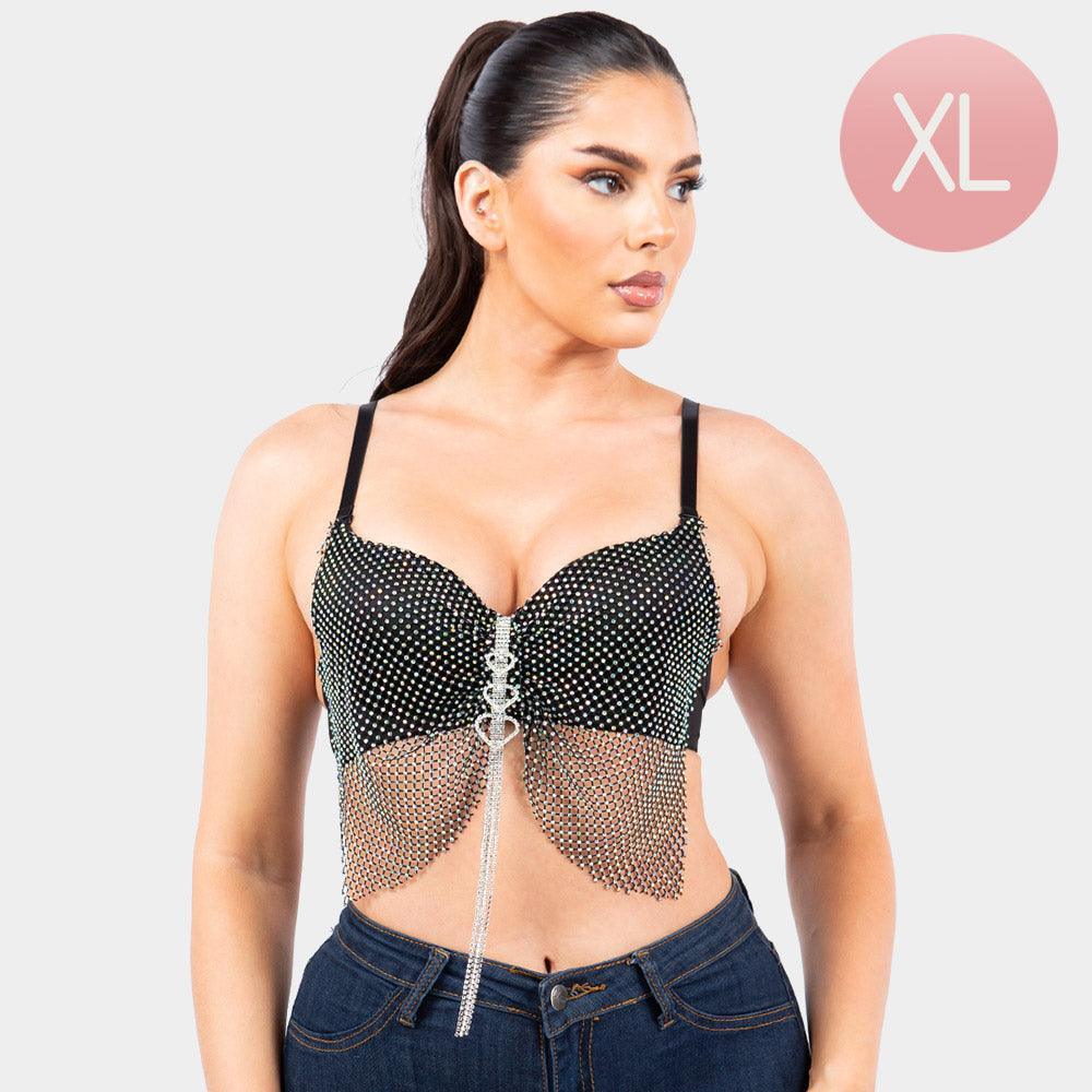 Black Stone Embellished Mesh Bustier Bra Top