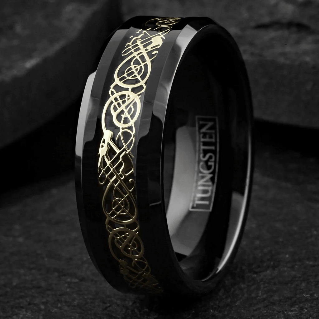 Black Gold Tungsten Wedding Band Ring for Men & Women – Gold Celtic Dragon Design - Jewelry Store by Erik Rayo
