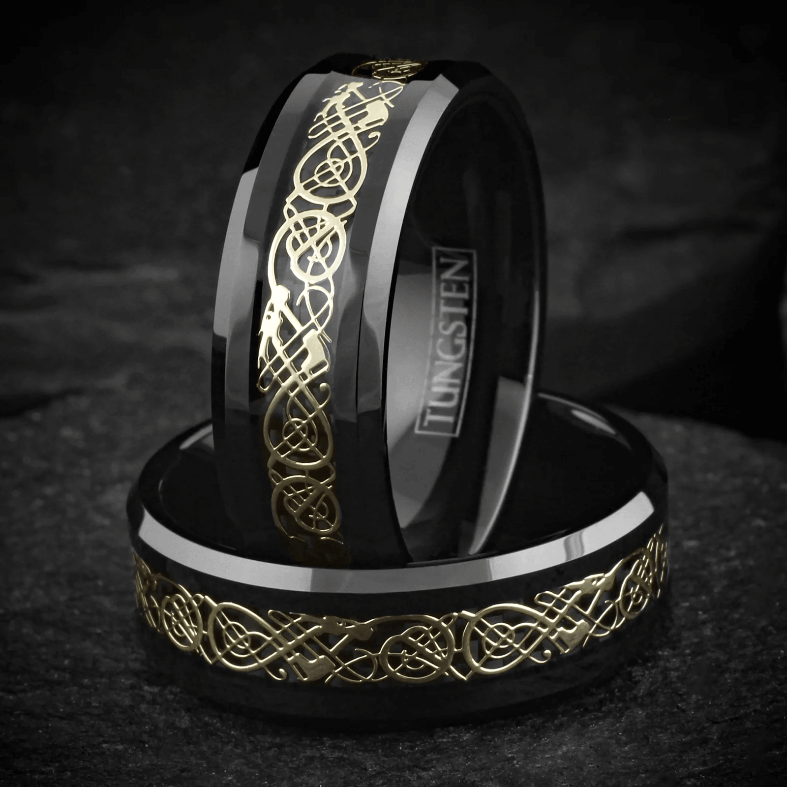 Black Gold Tungsten Wedding Band Ring for Men & Women – Gold Celtic Dragon Design - Jewelry Store by Erik Rayo