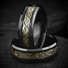 Load image into Gallery viewer, Black Gold Tungsten Wedding Band Ring for Men &amp; Women – Gold Celtic Dragon Design
