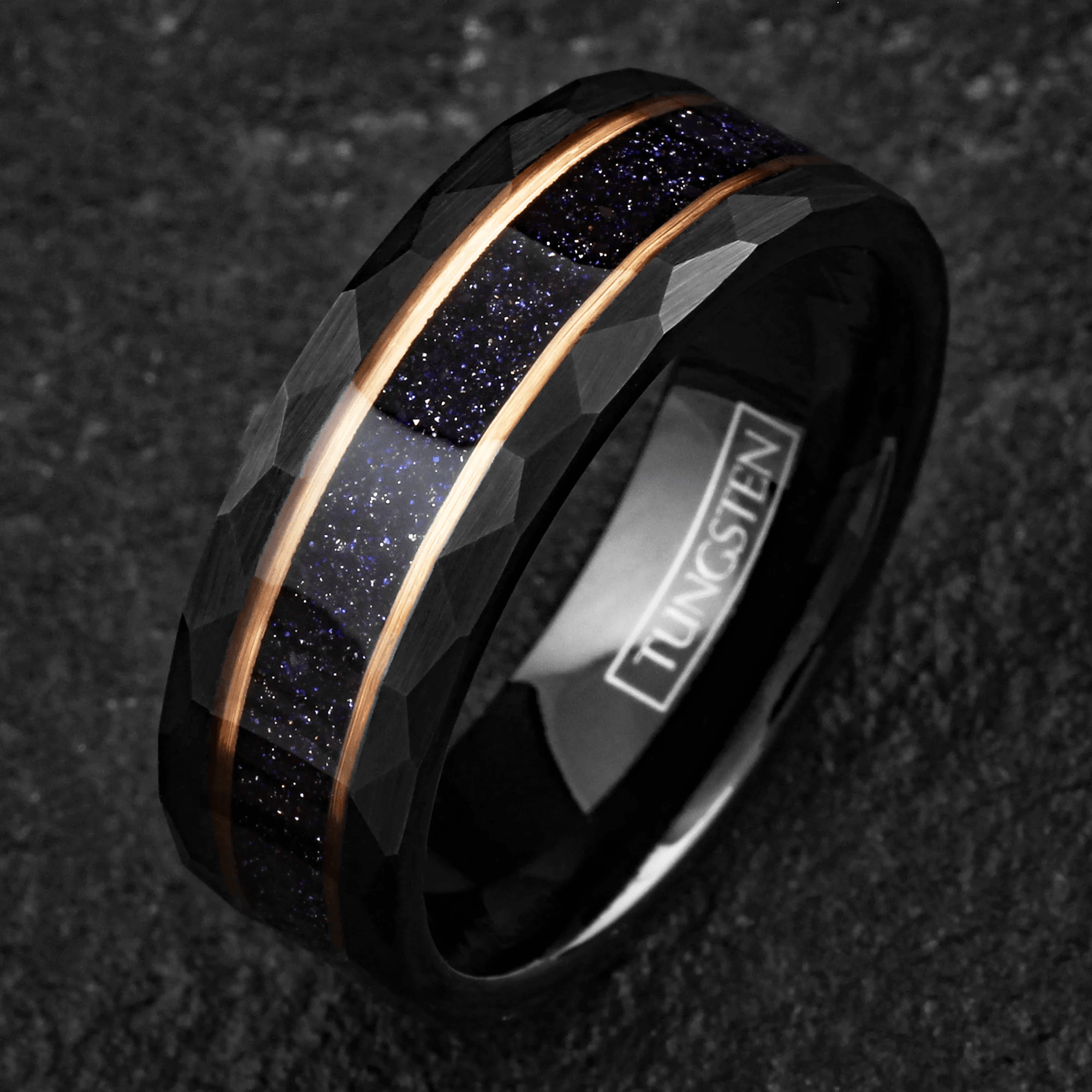 Dark Blue Wedding Band Ring for Men Black Tungsten Carbide Sandstone Inlay Between Two Rose Gold Stripes - Jewelry Store by Erik Rayo