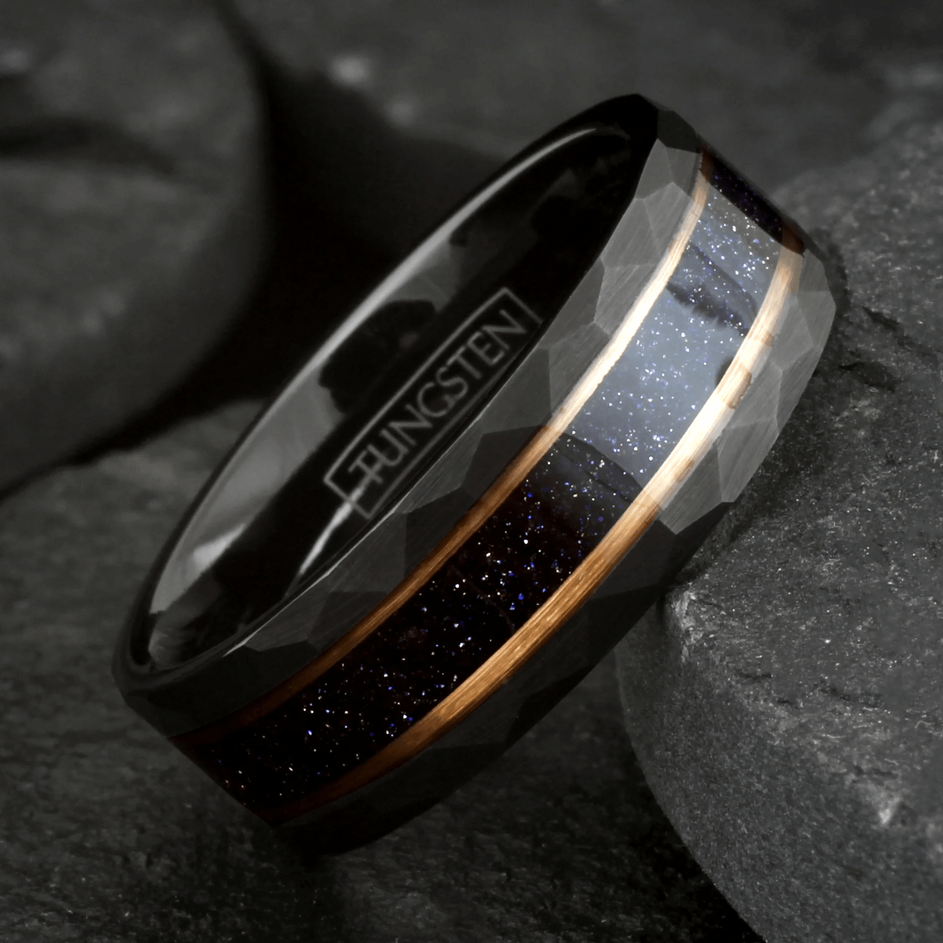 Dark Blue Wedding Band Ring for Men Black Tungsten Carbide Sandstone Inlay Between Two Rose Gold Stripes - Jewelry Store by Erik Rayo
