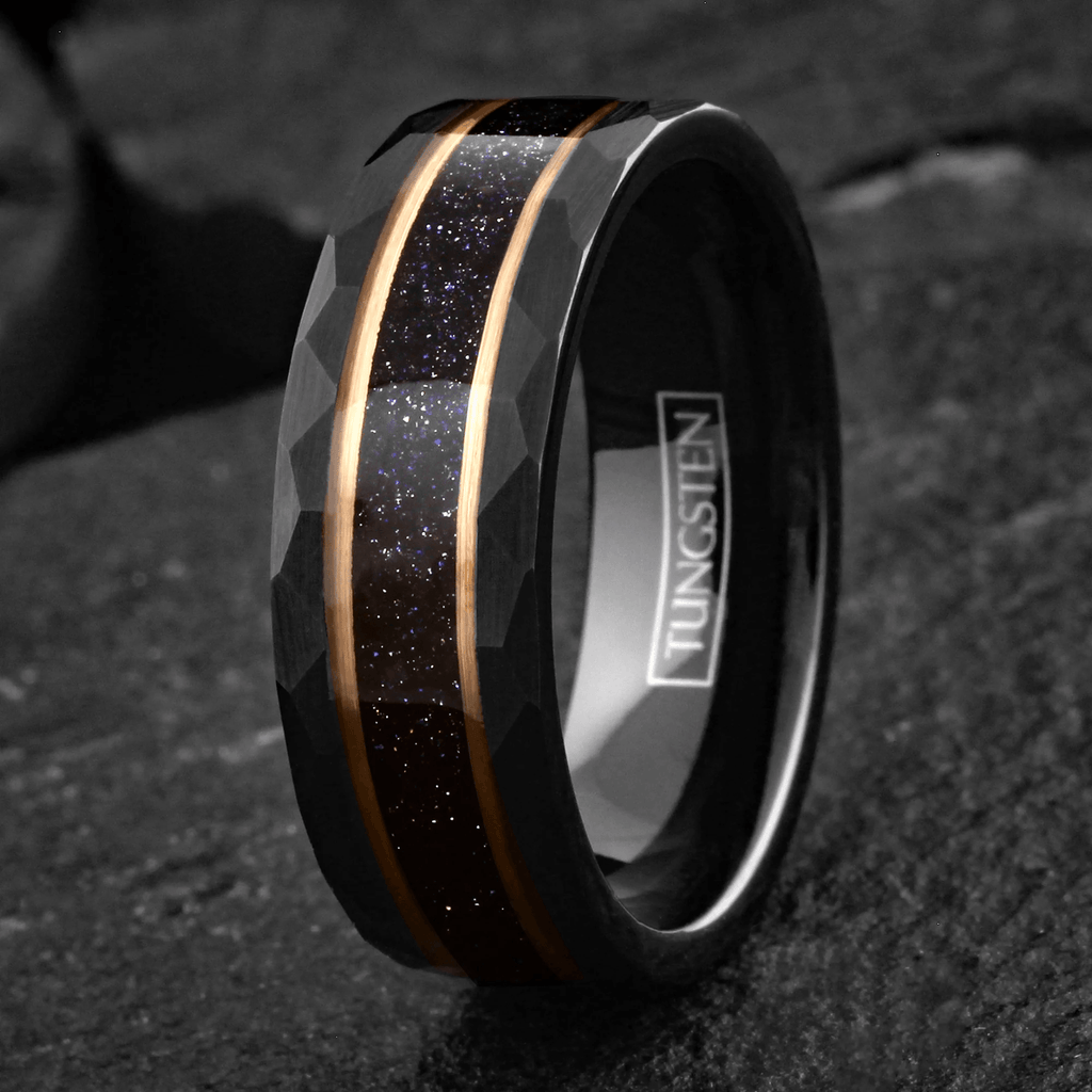 Dark Blue Wedding Band Ring for Men Black Tungsten Carbide Sandstone Inlay Between Two Rose Gold Stripes - Jewelry Store by Erik Rayo