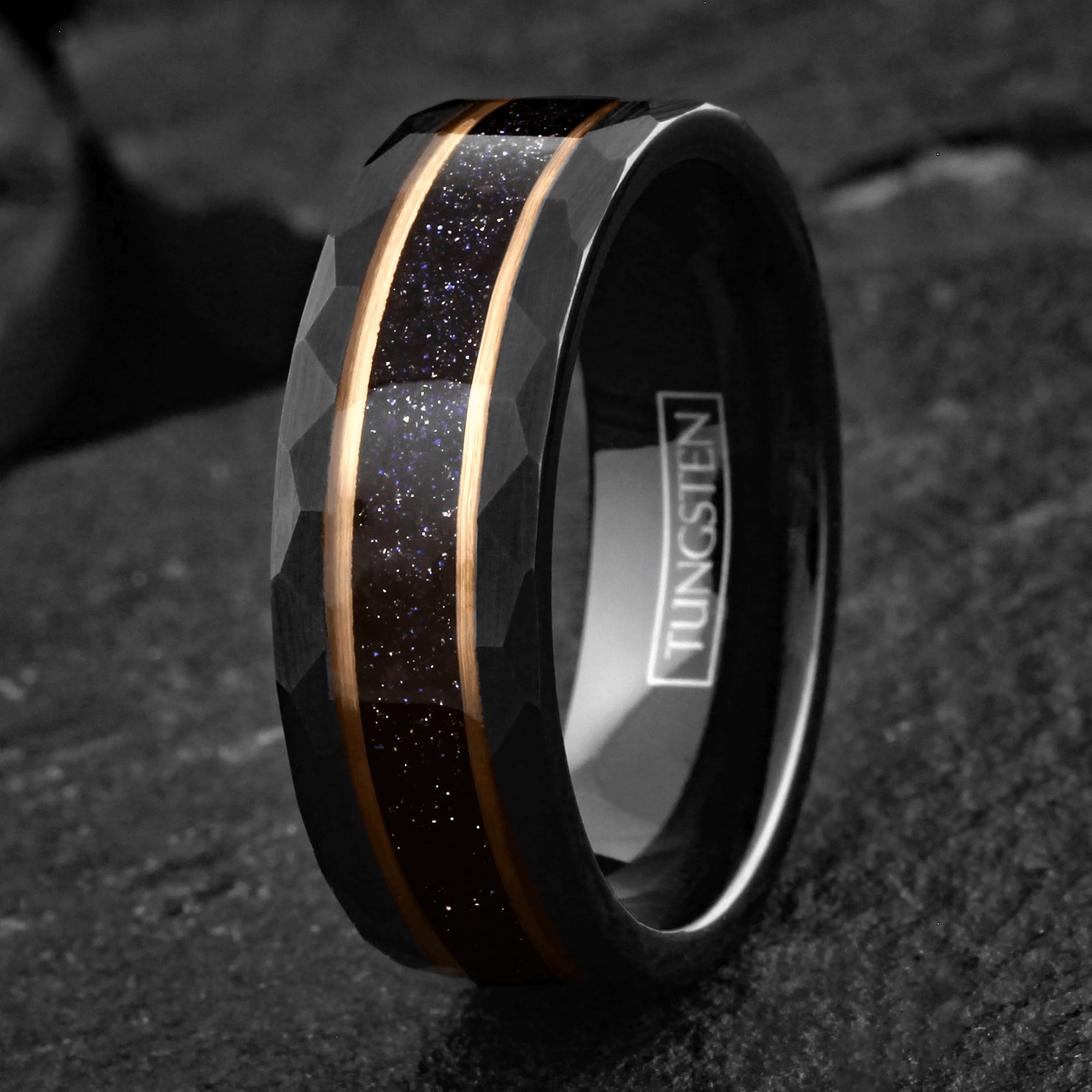 Dark Blue Wedding Band Ring for Men Black Tungsten Carbide Sandstone Inlay Between Two Rose Gold Stripes - Jewelry Store by Erik Rayo