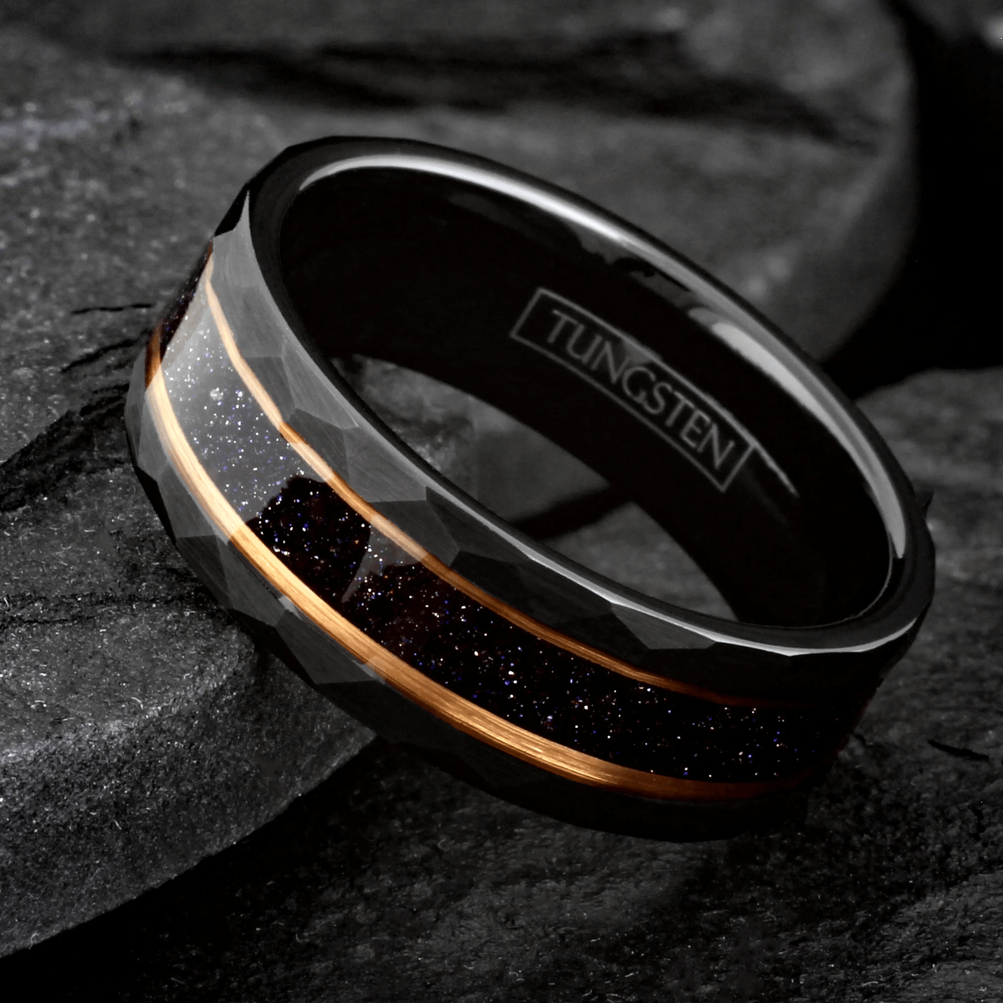 Dark Blue Wedding Band Ring for Men Black Tungsten Carbide Sandstone Inlay Between Two Rose Gold Stripes - Jewelry Store by Erik Rayo