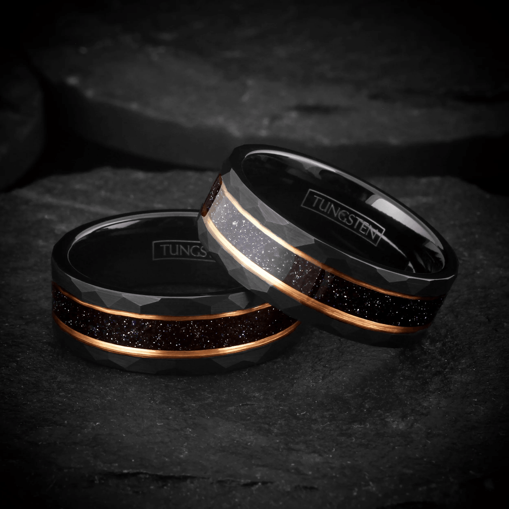 Dark Blue Wedding Band Ring for Men Black Tungsten Carbide Sandstone Inlay Between Two Rose Gold Stripes - Jewelry Store by Erik Rayo