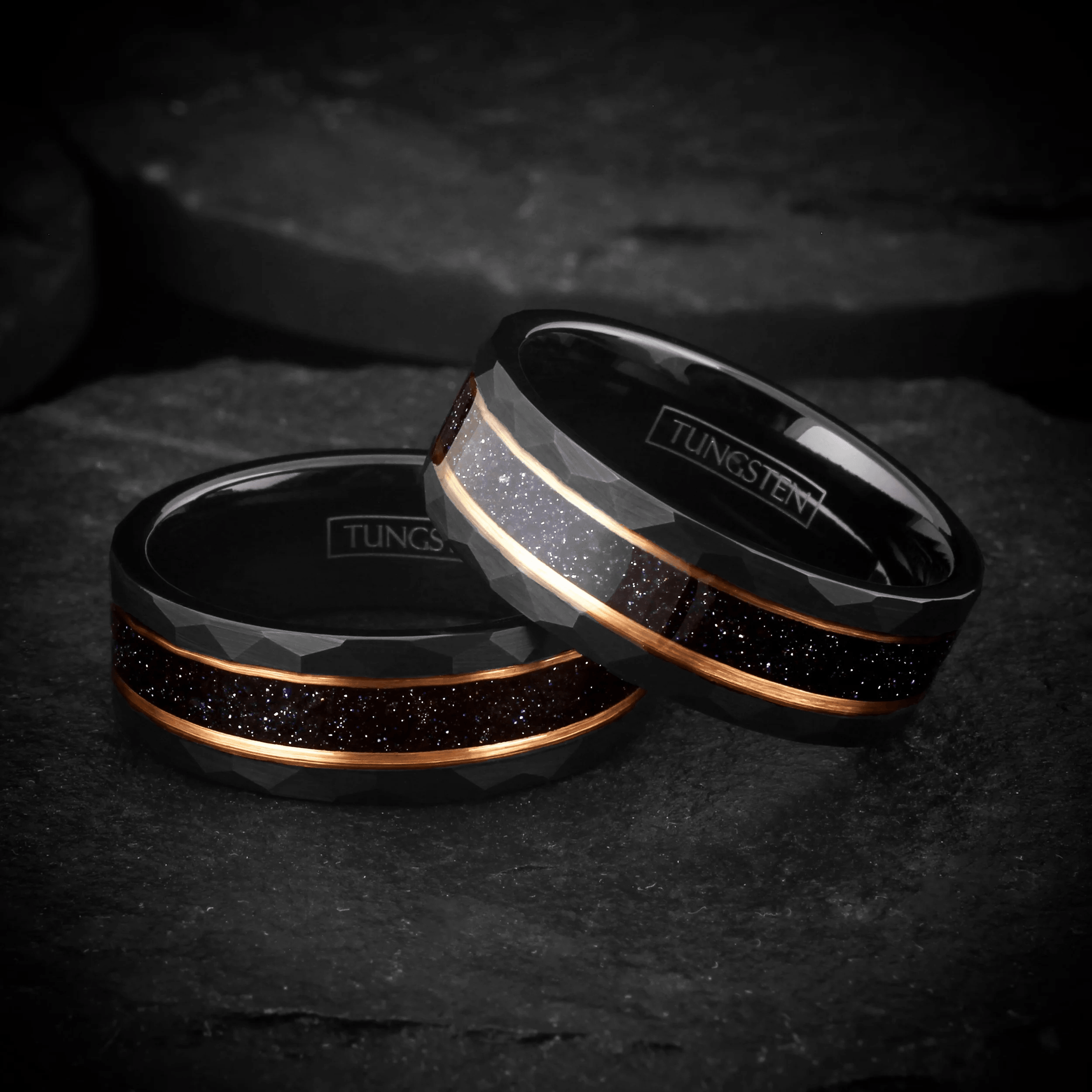 Dark Blue Wedding Band Ring for Men Black Tungsten Carbide Sandstone Inlay Between Two Rose Gold Stripes - Jewelry Store by Erik Rayo