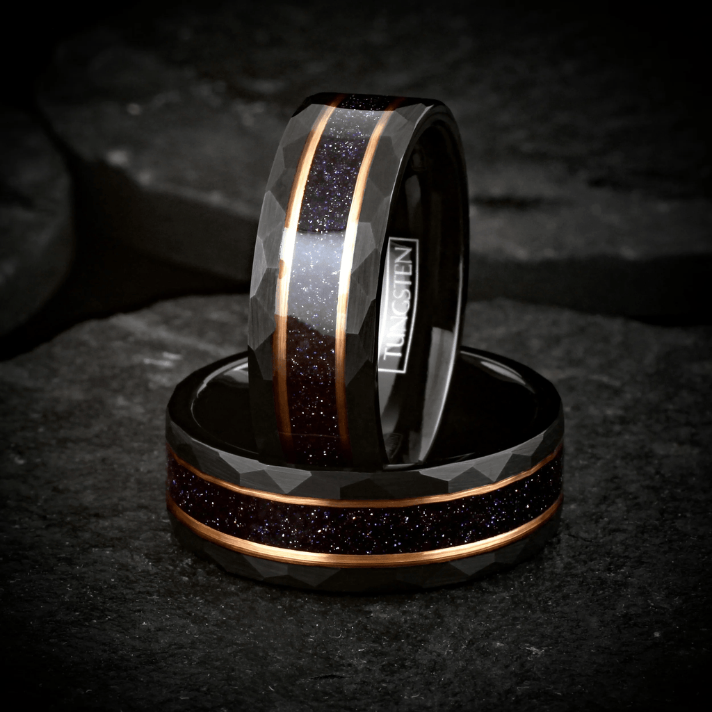 Dark Blue Wedding Band Ring for Men Black Tungsten Carbide Sandstone Inlay Between Two Rose Gold Stripes - Jewelry Store by Erik Rayo