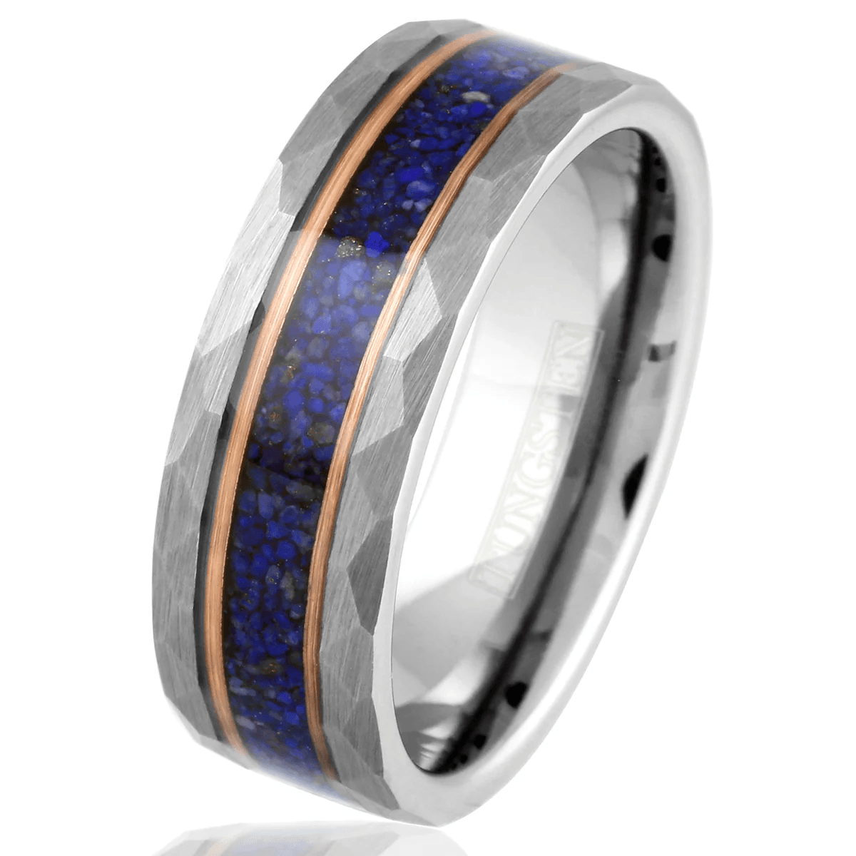 Dark Blue Wedding Band Ring for Men Black Tungsten Carbide with Crushed Lapis Lazuli Inlay Rose Gold Stripes - Jewelry Store by Erik Rayo