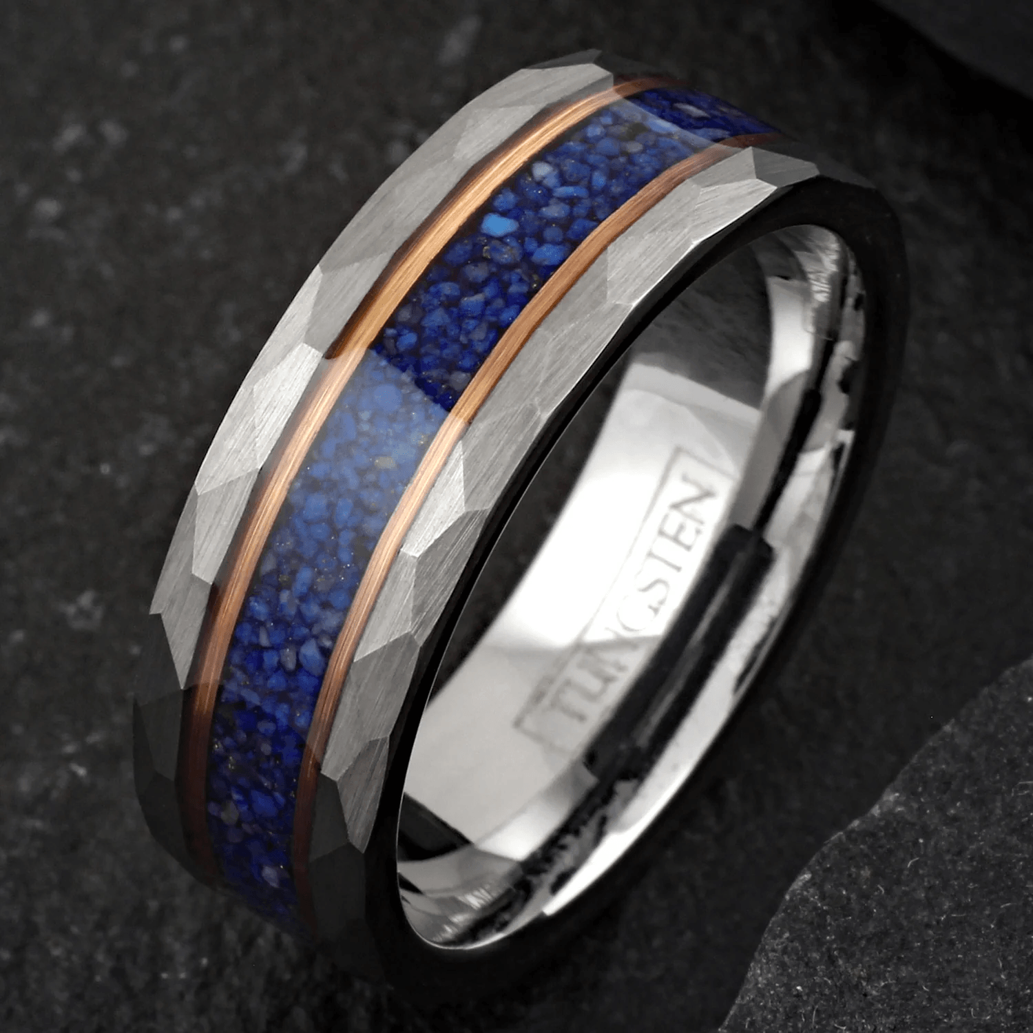 Dark Blue Wedding Band Ring for Men Black Tungsten Carbide with Crushed Lapis Lazuli Inlay Rose Gold Stripes - Jewelry Store by Erik Rayo