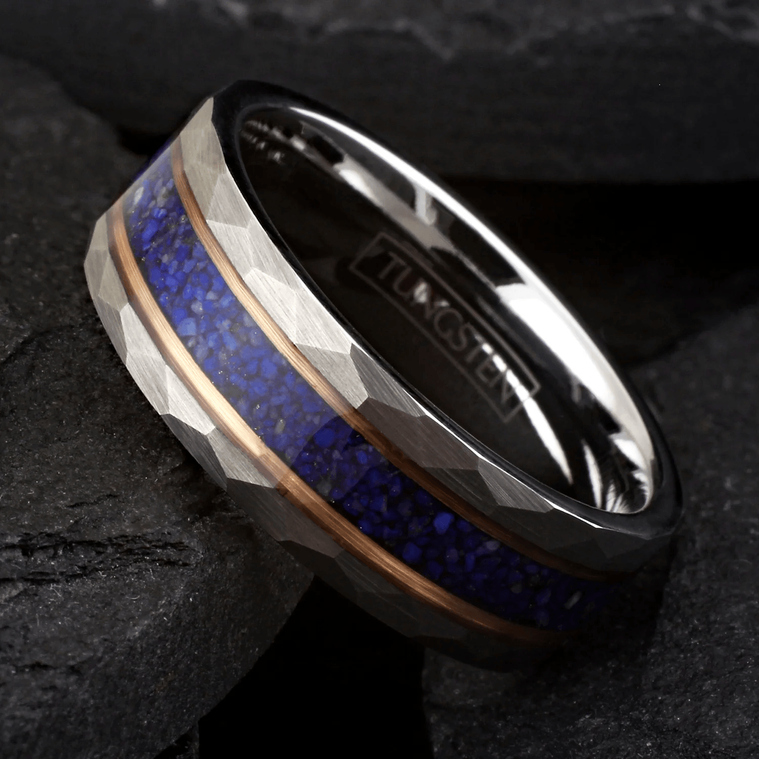 Dark Blue Wedding Band Ring for Men Black Tungsten Carbide with Crushed Lapis Lazuli Inlay Rose Gold Stripes - Jewelry Store by Erik Rayo