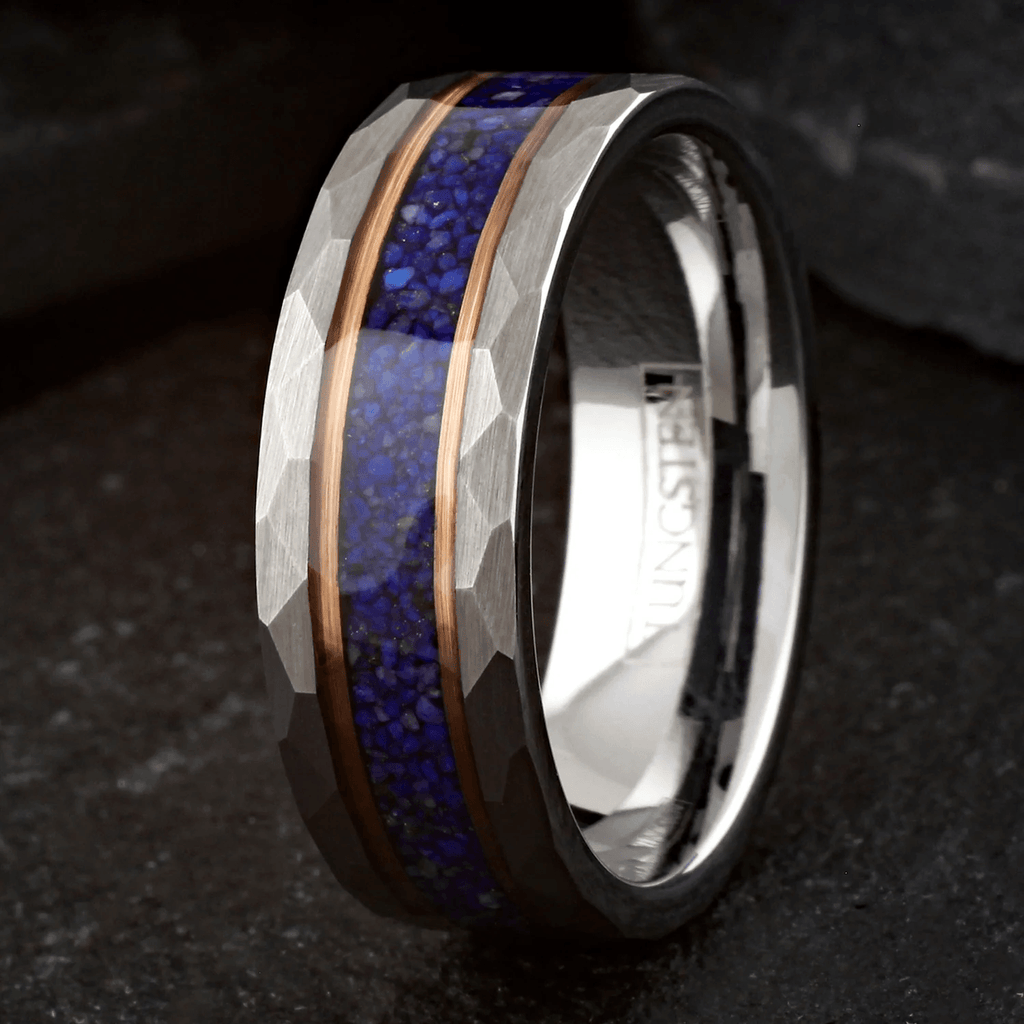 Dark Blue Wedding Band Ring for Men Black Tungsten Carbide with Crushed Lapis Lazuli Inlay Rose Gold Stripes - Jewelry Store by Erik Rayo