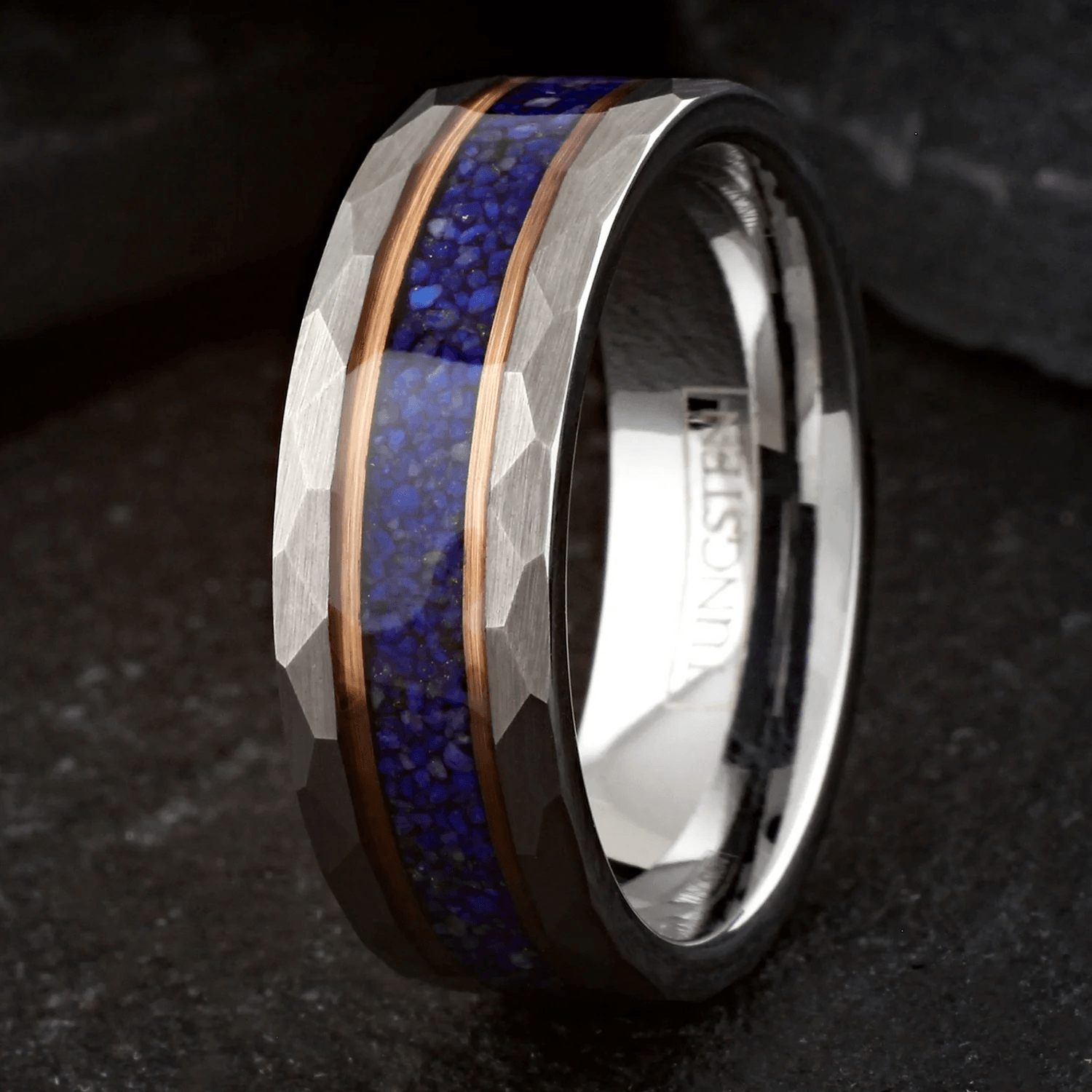 Dark Blue Wedding Band Ring for Men Black Tungsten Carbide with Crushed Lapis Lazuli Inlay Rose Gold Stripes - Jewelry Store by Erik Rayo
