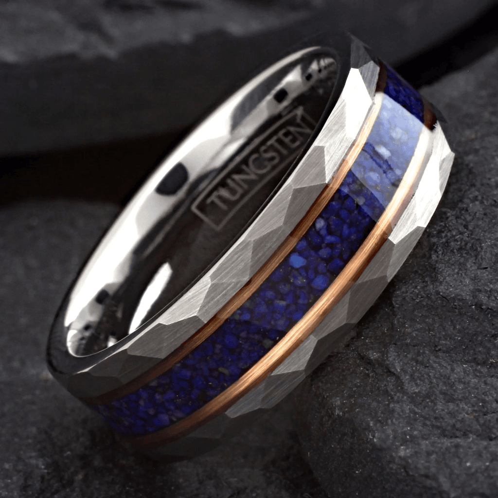 Dark Blue Wedding Band Ring for Men Black Tungsten Carbide with Crushed Lapis Lazuli Inlay Rose Gold Stripes - Jewelry Store by Erik Rayo