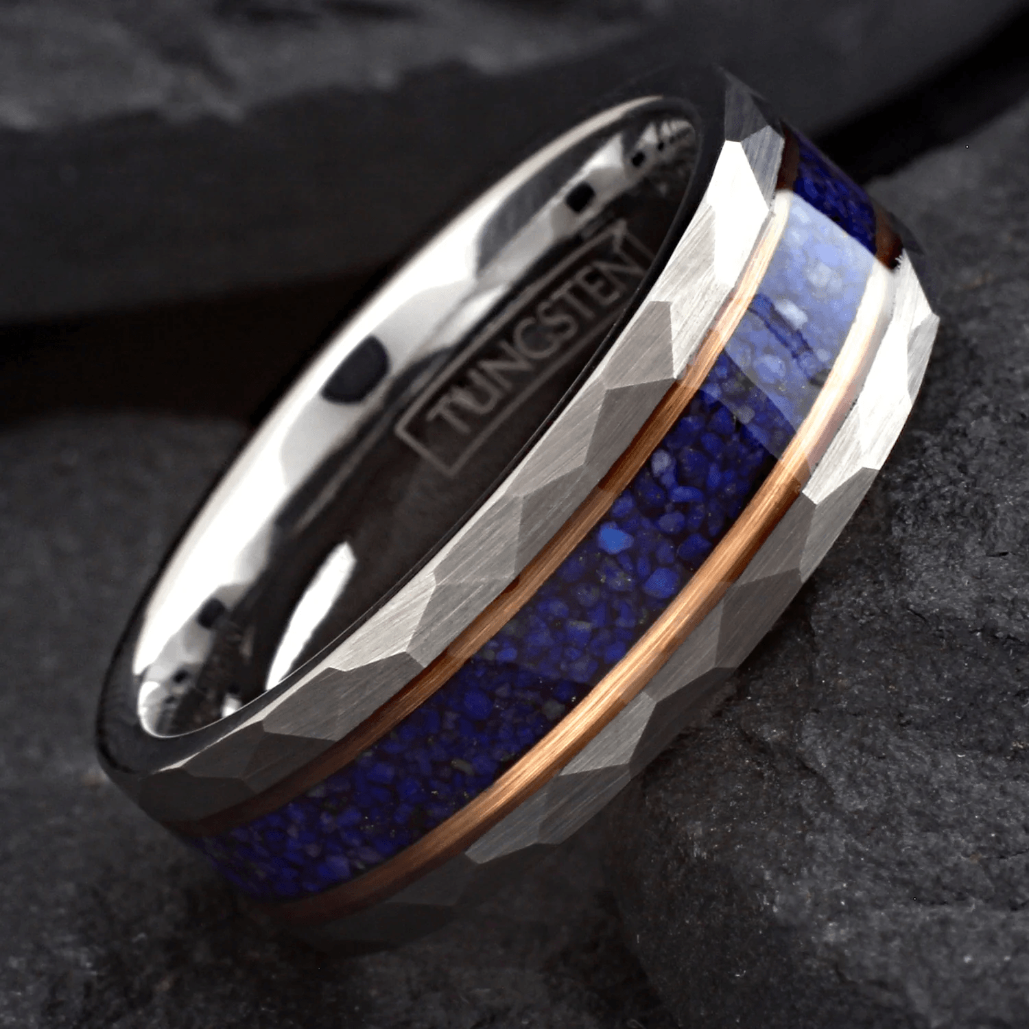 Dark Blue Wedding Band Ring for Men Black Tungsten Carbide with Crushed Lapis Lazuli Inlay Rose Gold Stripes - Jewelry Store by Erik Rayo