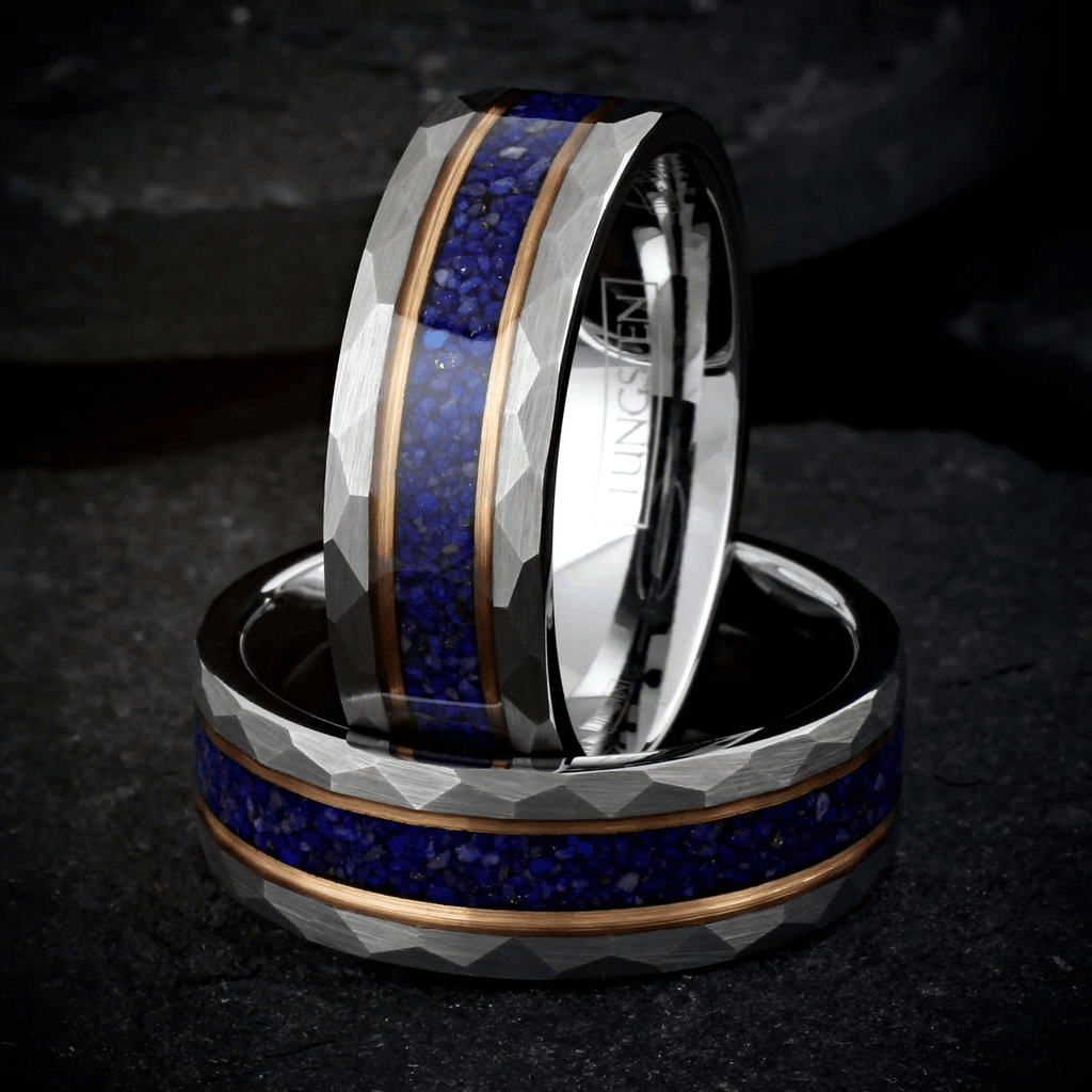 Dark Blue Wedding Band Ring for Men Black Tungsten Carbide with Crushed Lapis Lazuli Inlay Rose Gold Stripes - Jewelry Store by Erik Rayo