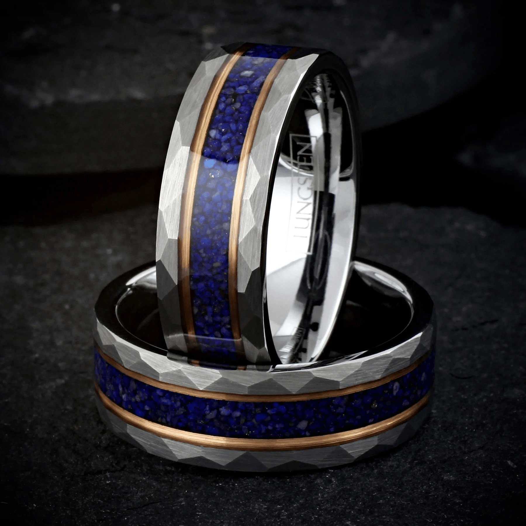 Dark Blue Wedding Band Ring for Men Black Tungsten Carbide with Crushed Lapis Lazuli Inlay Rose Gold Stripes - Jewelry Store by Erik Rayo
