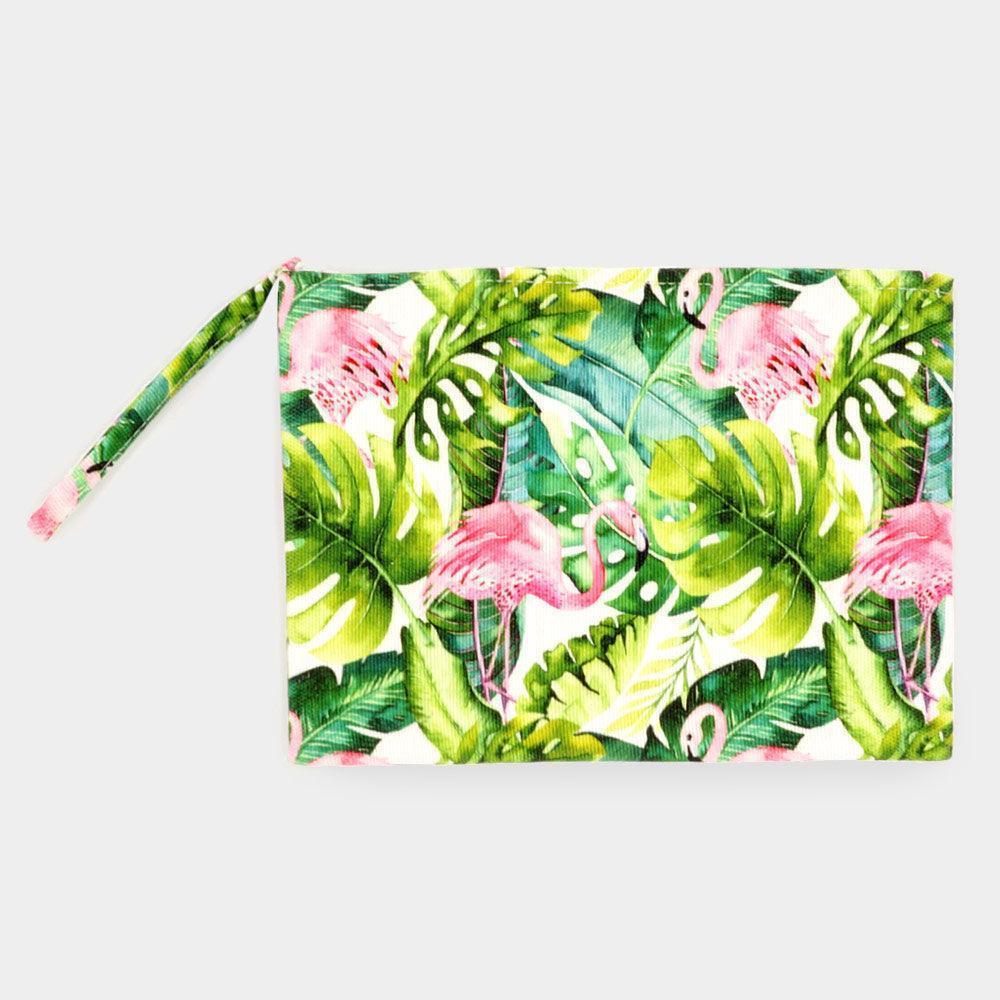 Flamingo Tropical Leaf Patterned Pouch Clutch Bag - Jewelry Store by Erik Rayo