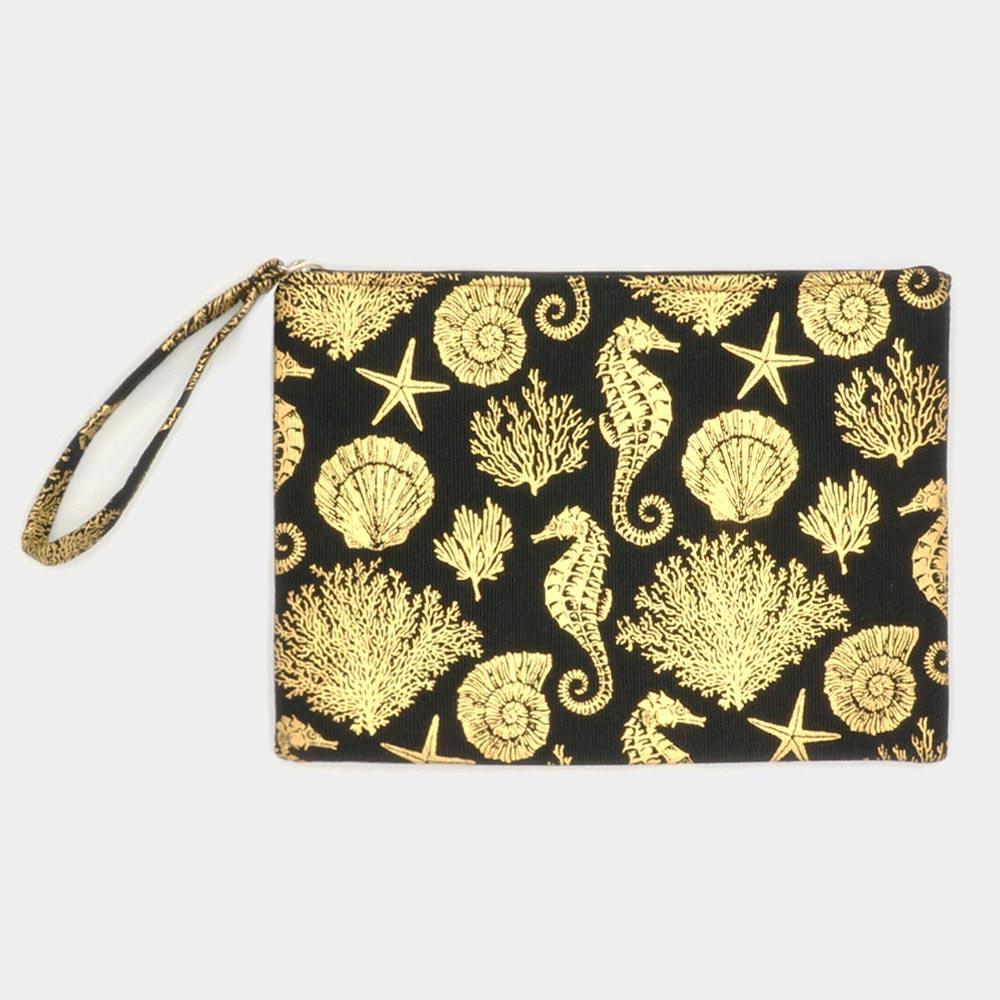 Metallic Sea Life Starfish Seahorse Coral Patterned Pouch Clutch Bag - Jewelry Store by Erik Rayo