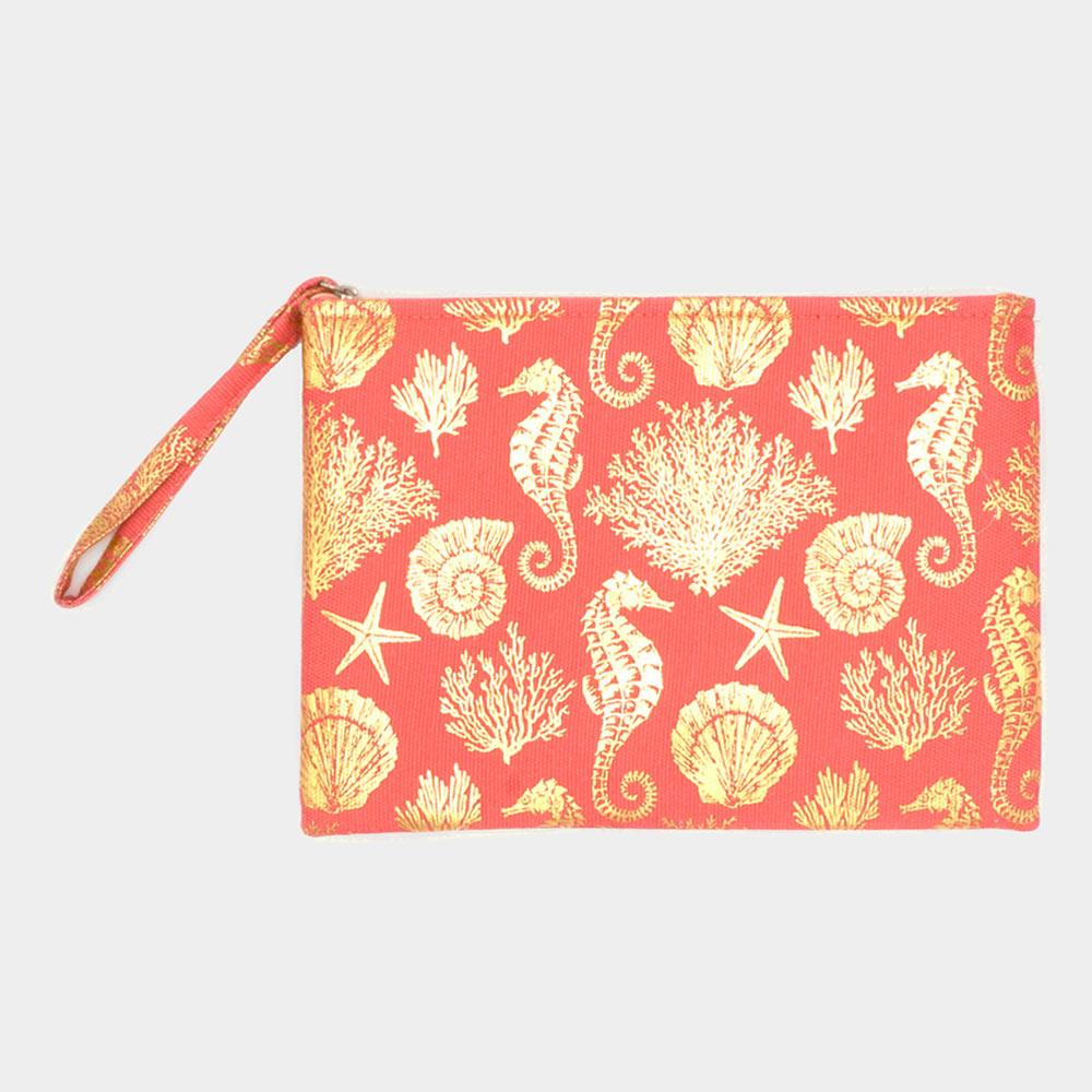 Metallic Sea Life Starfish Seahorse Coral Patterned Pouch Clutch Bag