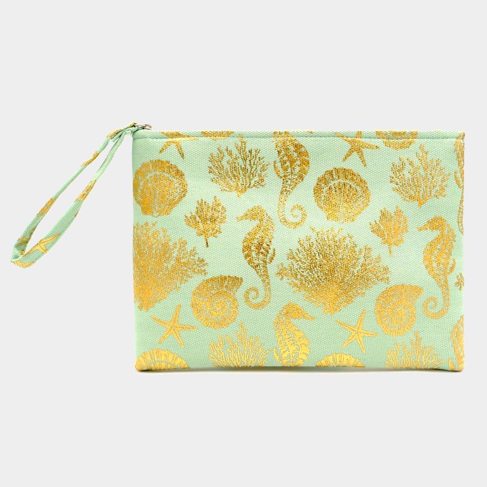 Metallic Sea Life Starfish Seahorse Coral Patterned Pouch Clutch Bag - Jewelry Store by Erik Rayo
