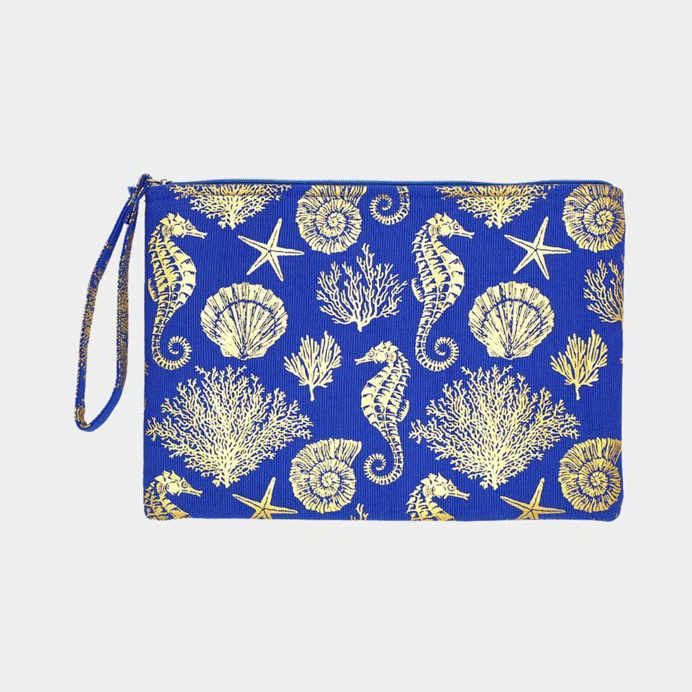 Metallic Sea Life Starfish Seahorse Coral Patterned Pouch Clutch Bag - Jewelry Store by Erik Rayo