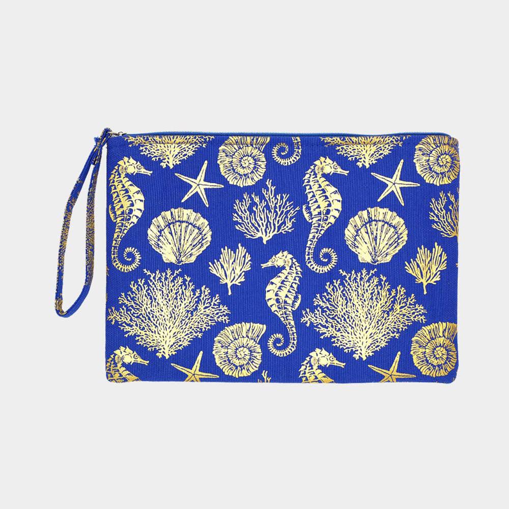 Metallic Sea Life Starfish Seahorse Coral Patterned Pouch Clutch Bag