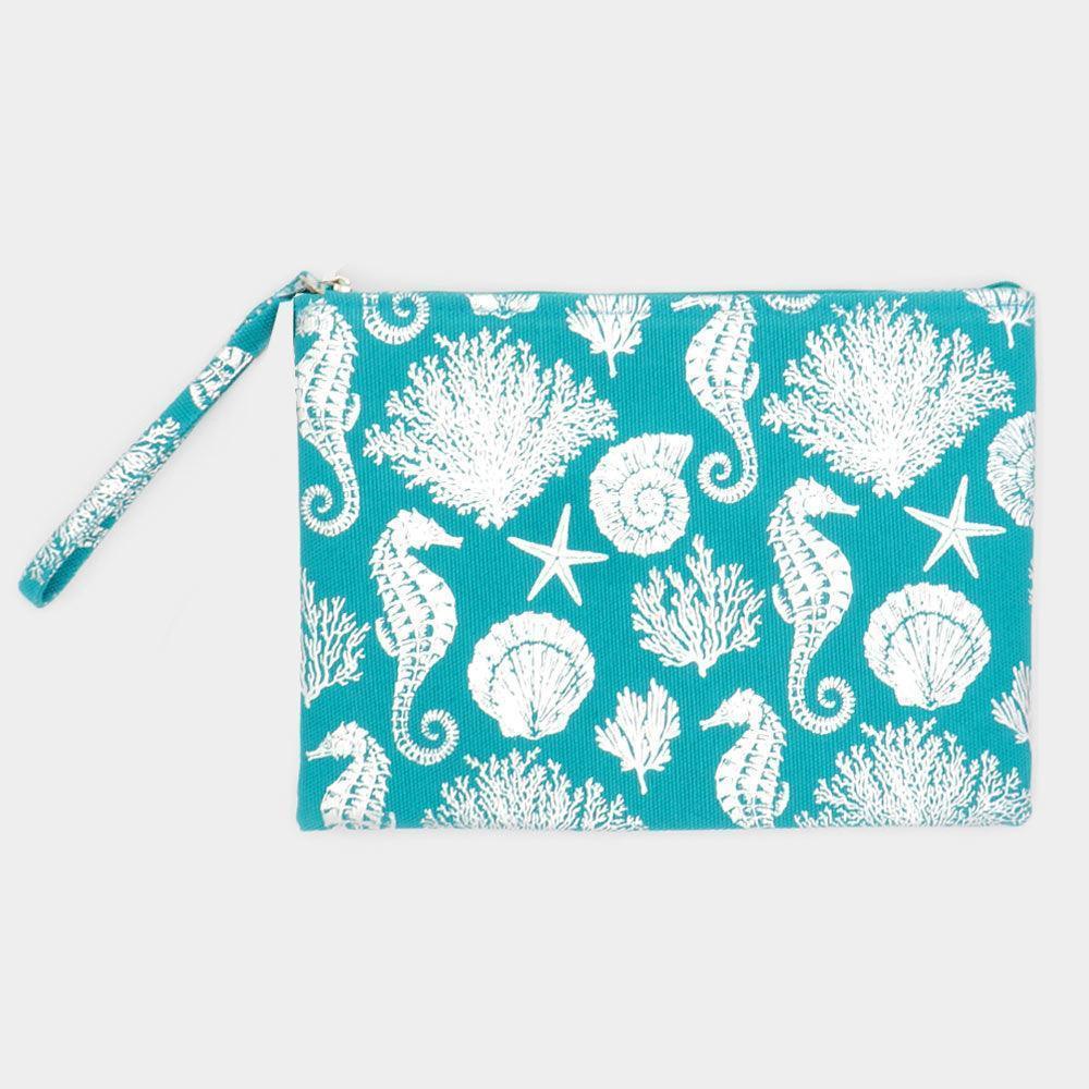 Metallic Sea Life Starfish Seahorse Coral Patterned Pouch Clutch Bag - Jewelry Store by Erik Rayo