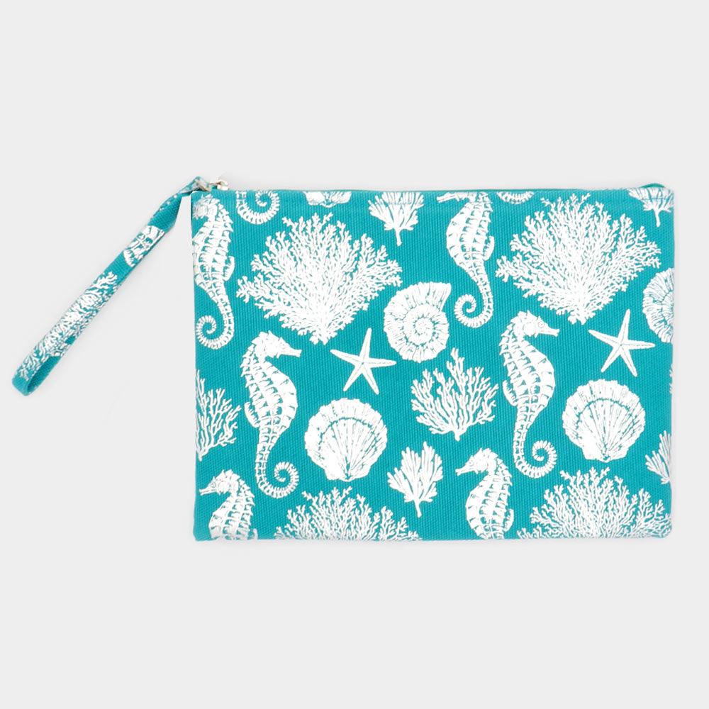 Metallic Sea Life Starfish Seahorse Coral Patterned Pouch Clutch Bag