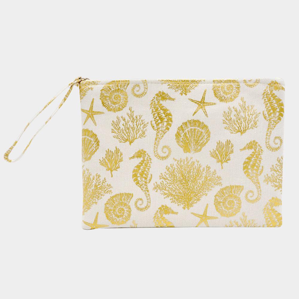 Metallic Sea Life Starfish Seahorse Coral Patterned Pouch Clutch Bag