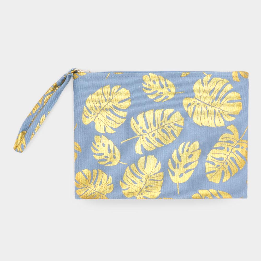 Metallic Tropical Leaf Patterned Pouch Clutch Bag