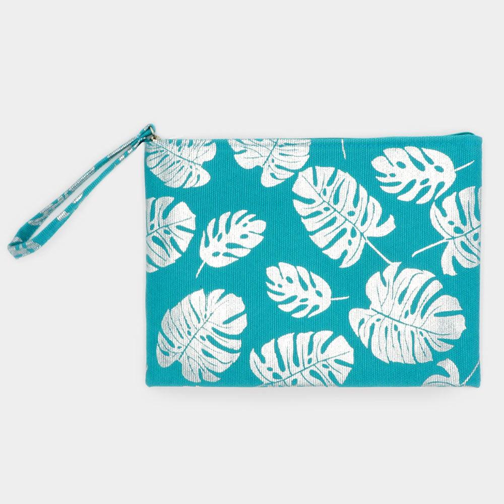 Metallic Tropical Leaf Patterned Pouch Clutch Bag